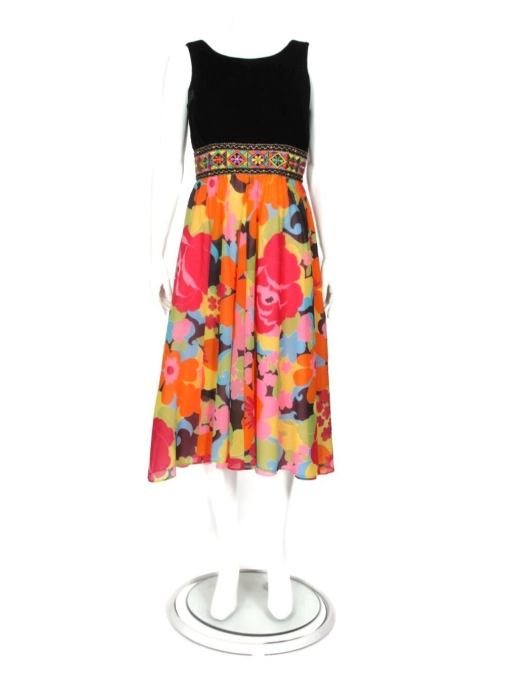Vtg 60s 70s Black Velvet Floral Psychedelic Chiffon Embroidered Dress sz L /702